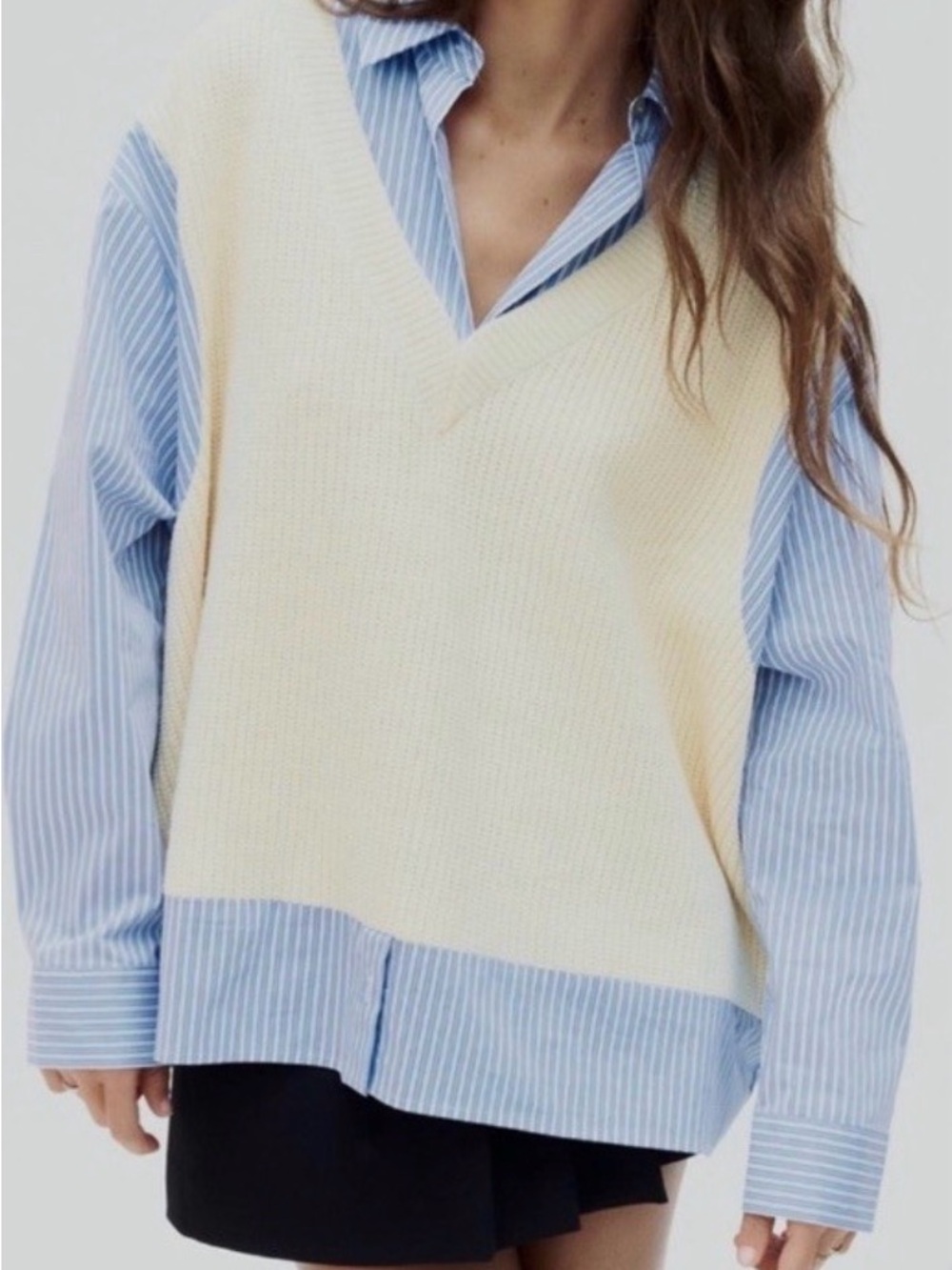 Zara Blue Stripe Shirt with Cream Knit Vest